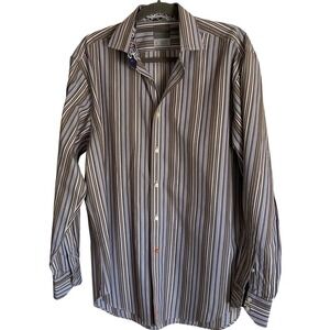 Thomas Dean Mens Striped Button Down Shirt Brown Purple Paisley Lined Large